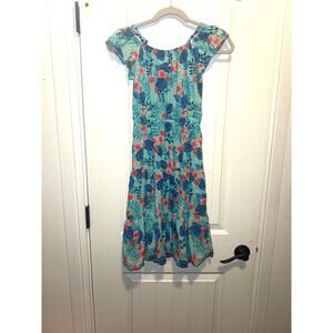 Girls long tropical dress TCP tiered short sleeve teal blue size 10